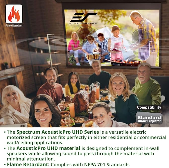Elite Screens Spectrum AcousticPro UHD 115-inch Motorized Projector Screen Electric Projection Screen 16:9, 4K Moiré-Free Sound Transparent Perforated Weave 4K Ready Drop Down Projector Screen