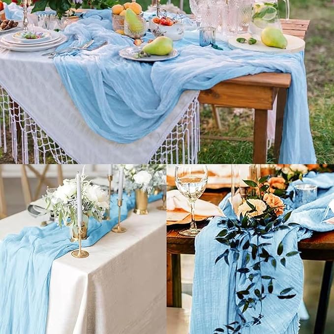 12 Pack Baby Blue Cheesecloth Table Runner 20 x 120 Inch Long Rustic Gauze Cheese Cloth Table Runner for Wedding 10FT Bridal Baby Shower Table Decorations Boho Fabric Sheer Birthday Party Table Decor