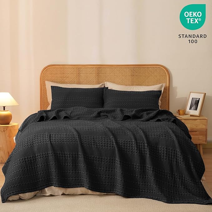 PHF 100% Cotton Waffle Weave Blanket Twin Size, Soft Lightweight Breathable Cozy Summer Blankets for Bed, Luxury Aesthetic Woven Bedding for Home Decor, 66"x90", Black
