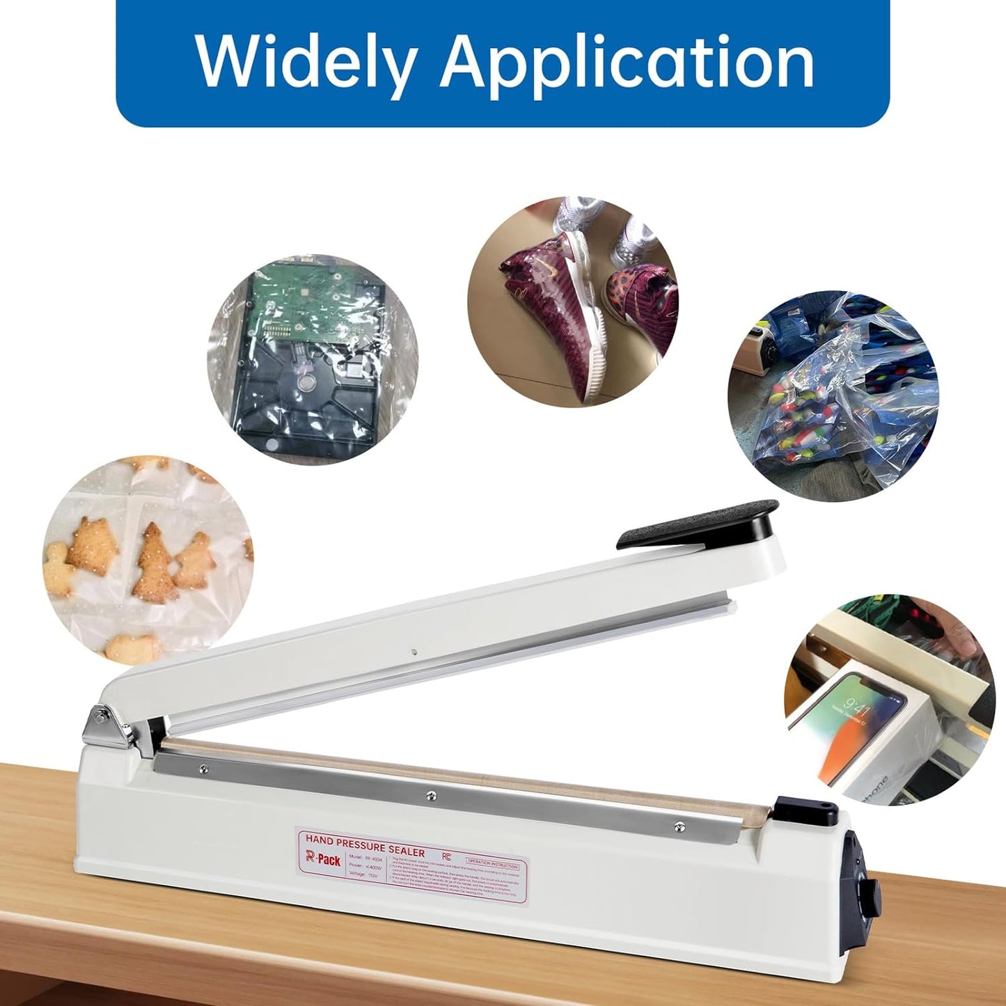 Impulse Heat Sealer with Cutter, Heavy-Duty Bag Sealing & Cutting Machine, 2 Extra Replacements (White, 16-Inch)