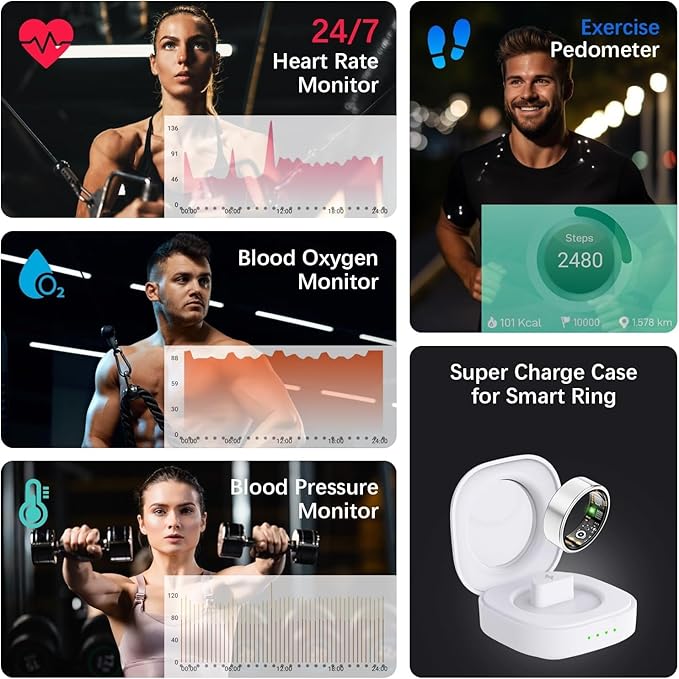 Health Tracker Ring, Smart Health Ring for Women Men with Heart Rate, Blood Oxygen, Sleep Monitor, Steps,Calories, No Subscription Fee, IP68 Waterproof Smart Ring for iPhone & Android (Silver, 9#)