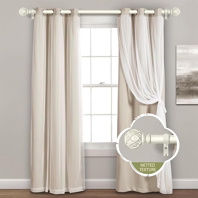 White Farmhouse Curtain Rods for Windows:18-45" Heavy Duty Adjustable Curtain Rod for Bedroom Living Room,Boho Decorative Rustic Drapery Rods with Vintage Coastal Texture Finials,Antique White