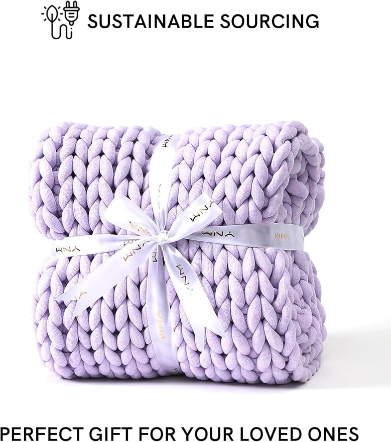 YnM Chunky Throw Blanket, Medium-Weight, Hand Knitted, Skin Friendly, Ventilated and Breathable, Machine Washable, Home Décor Piece for Couch, Sofa and Bed (Iris Lavender, 50x70 Inch)