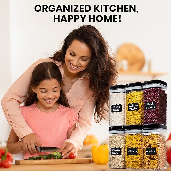 Shazo Airtight Food Storage Containers with Lids - 6 PC BPA Free Clear Plastic Cereal Containers with Easy Lock Lids for Kitchen and Pantry Organization for Snacks and Pasta - 1.2 L
