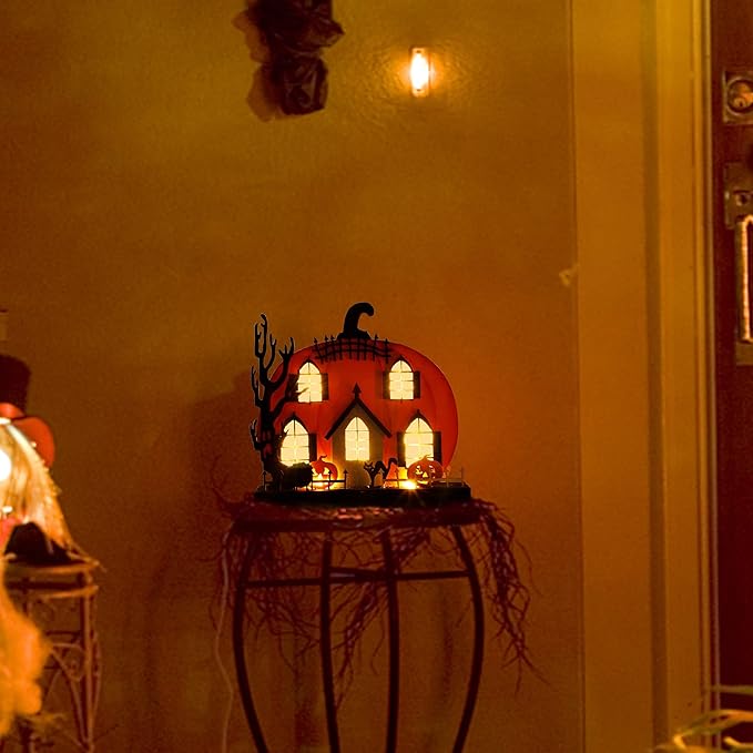 Lulu Home Halloween Tabletop Decoration, Wooden Lighted Pumpkin House Decoration Ornaments, Battery Operated Halloween Sign Indoor Fireplace Desk Kitchen Table Ornament, 9 x 9 x 2.1 INCH