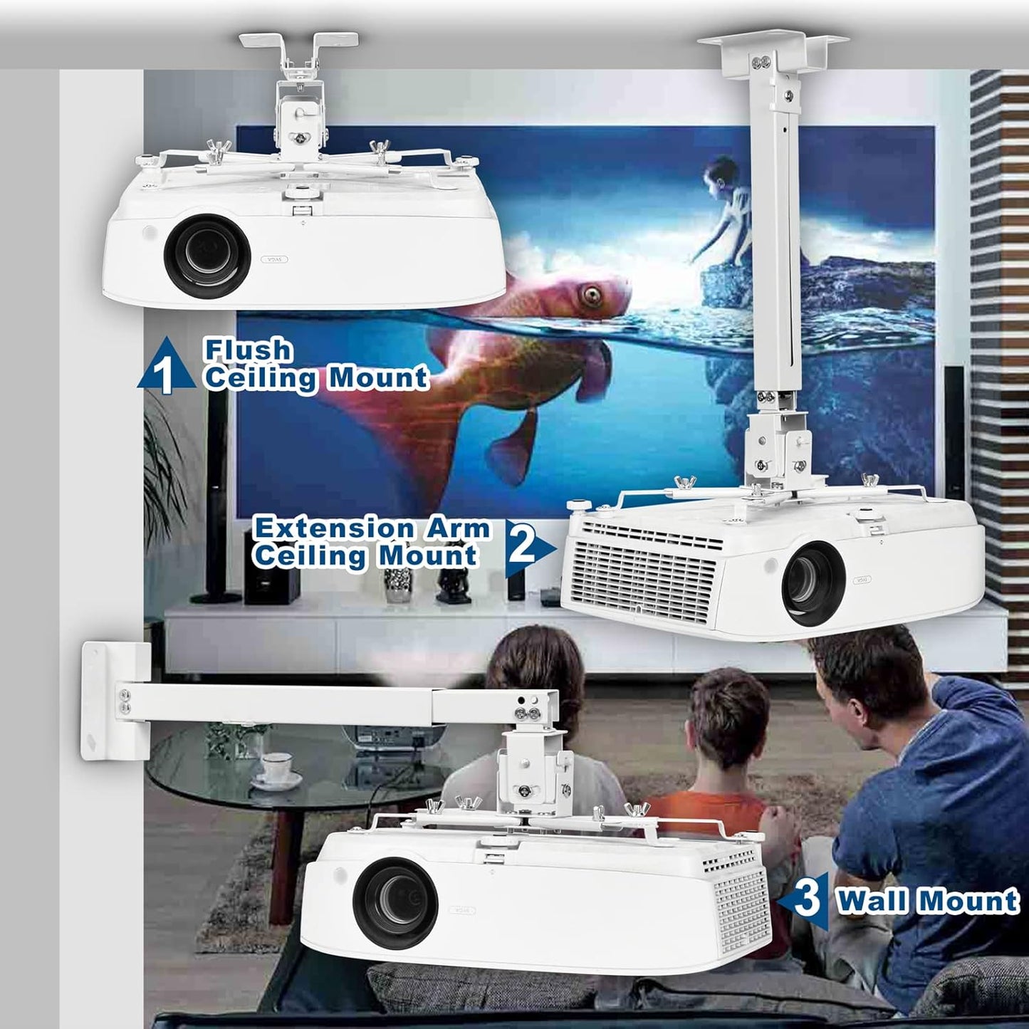 Adjustable Projector Ceiling/Wall Mount - 3-in-1 Universal Bracket for Projector Mounting, Universal Height Adjustable Mount Holder with Extension Pole