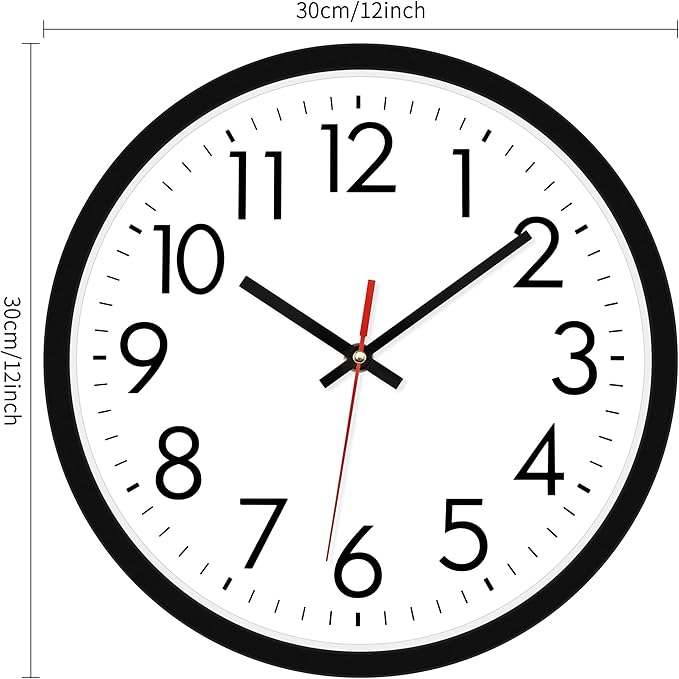 Lumuasky Wall Clock, Silent Non-Ticking 12 Inch Quartz Battery Operated Round Analog Wall Clock for Classroom,School, Office, Living Room, Bedroom,Kitchen