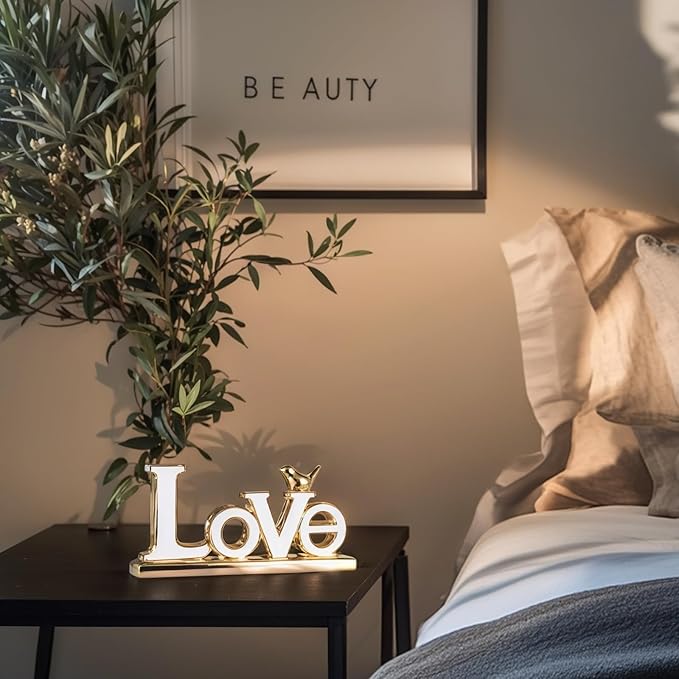 Love Sign Decoration - White & Gold Modern Bird Sculpture Statue, Personalized Love Decor for Living Room, Bedroom, Desktop