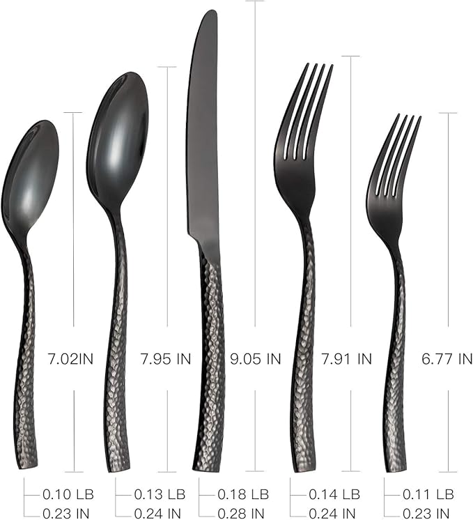 Silverware 45-Piece Black Hammered Flatware Set with Serving Utensils Stainless Steel Thick Handle Mirror Polished Cutlery Set for Wedding Hotel Restaurant, Service for 8