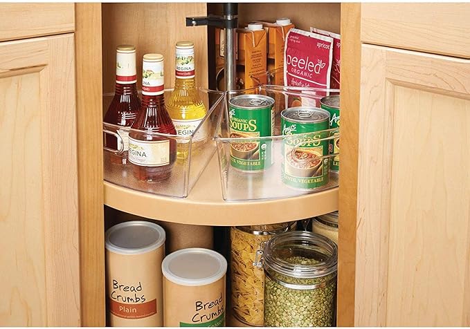Oubonun Lazy Susan Organizers Set of 6, 12.8’’ x 11.7’’ x 4’’ Plastic Transparent Kitchen Cabinet Storage Bins with Handle, 4" Deep Container, 1/8 Wedge - Food Safe, without BPA