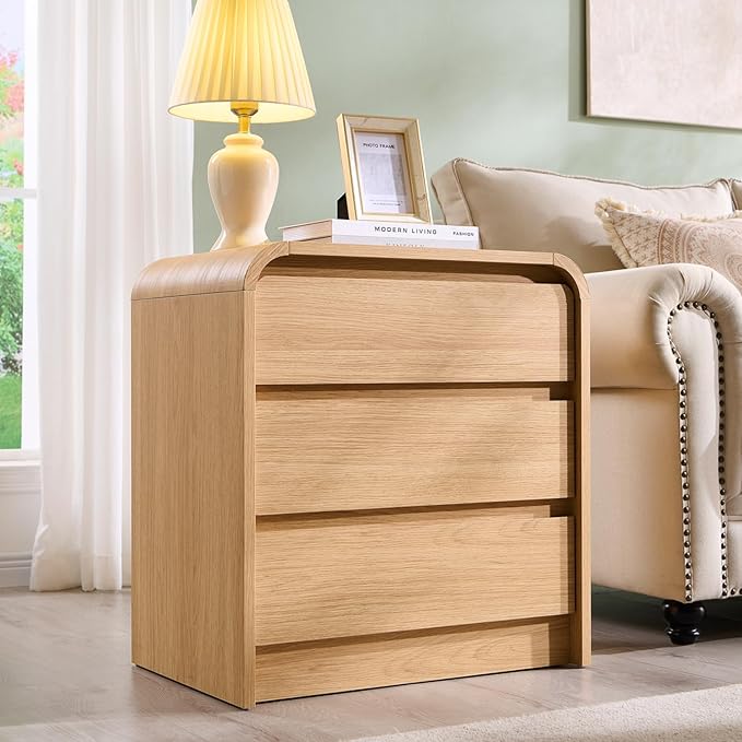25" Tall Modern Nightstand with Charging Station, 23.6'' Wide Wood Bedside Table w/3 Storage Drawers, Small Dresser w/Curved Profile Design, End Table for Bedroom, Natural Oak