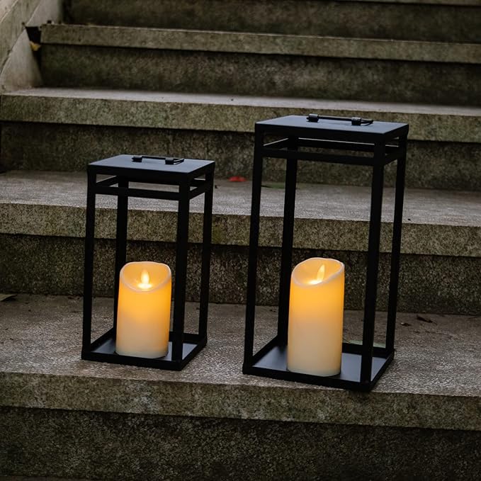 HPC Decor Black Metal Candle Lanterns Set of 2- Lanterns Decorative w/ LED Timer Candles- 15.8'' & 12.6'' Chunky Modern Farmhouse Lantern Decor for Indoor,Outdoor,Fireplace,Porch (No Glass)