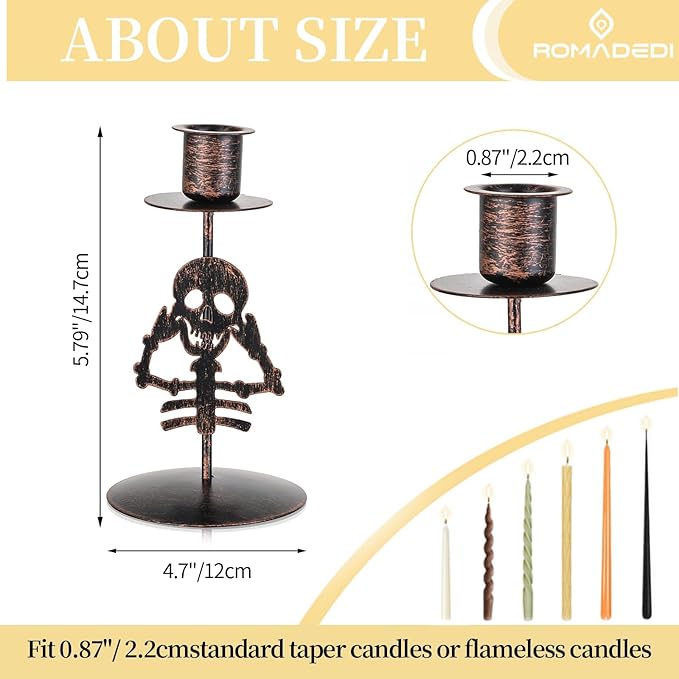 Romadedi Candle Holder for Halloween Decor: Set of 2 Black Gothic Skull Taper Candlestick Table Centerpiece Decorations Spooky Party Dinning Room Home Indoor