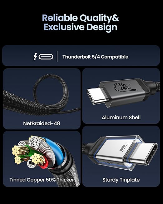Silkland 80Gbps USB 4 for Thunderbolt 5 Cable 6.6FT/2M, up to 120Gbps Bandwidth for Dual 8K, 240W PD 3.1 Charging, Braided USB C Video Cable Compatible for Thunderbolt 4, SSD, MacBook,iPhone 17, Dock