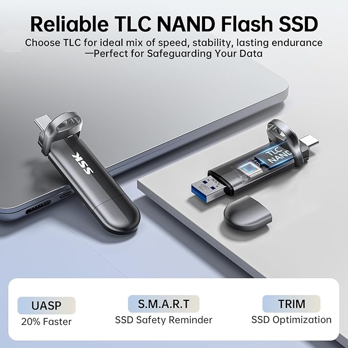 SSK USB Flash Drive 512GB SSD External, TLC NAND Solid State Drive Dual USBC & USBA Ports, Up to 1000MB/s High-Speed Portable 1TB USB Thumb Drive Stick for iPhone 15/16/17 Pro, Mac, Android, PC Backup