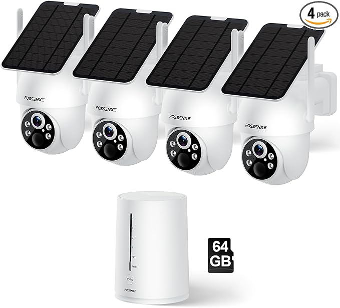 Solar Security Cameras Wireless Outdoor, 4 Cam-Kit, Solar-Powered, 2K Cameras for Home Security System, 360° Pan & Tilt, Color Night Vision, Motion Detection, 64GB Memory Card, No Monthly Fee