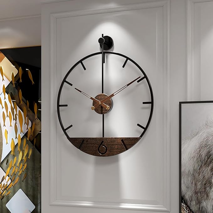 Modern Wood Walnut Dial Wall Clock, Large Simple Wall Decor Metal Frame Silent Non Ticking Clock for Living Room Decor, Kitchen, Bedroom, Study Decoration, Handmade Home Gift Idea, 15.8 in