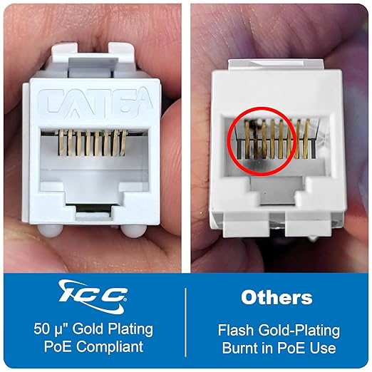 ICC CAT6A Keystone Jack with Slim Profile 180 Degree Punch Down, 10Gbps RJ45 UL Listed PoE++ TAA Compliant for Wall Plate or Patch Panel, Works with JackEasy Termination Tool, White 25 Pack