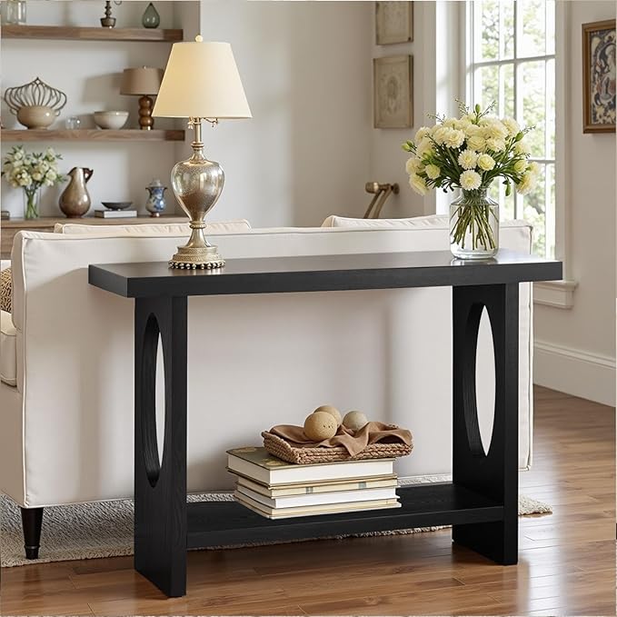 BECHAEO 47-Inch Modern Narrow Console Tables with Solid Wood Veneer - 2’’ Thickened Tabletop, 2-Tier Slim Sofa Table Behind Couch, Rectangle Entryway Table for Hallway Living Room, Black Oak