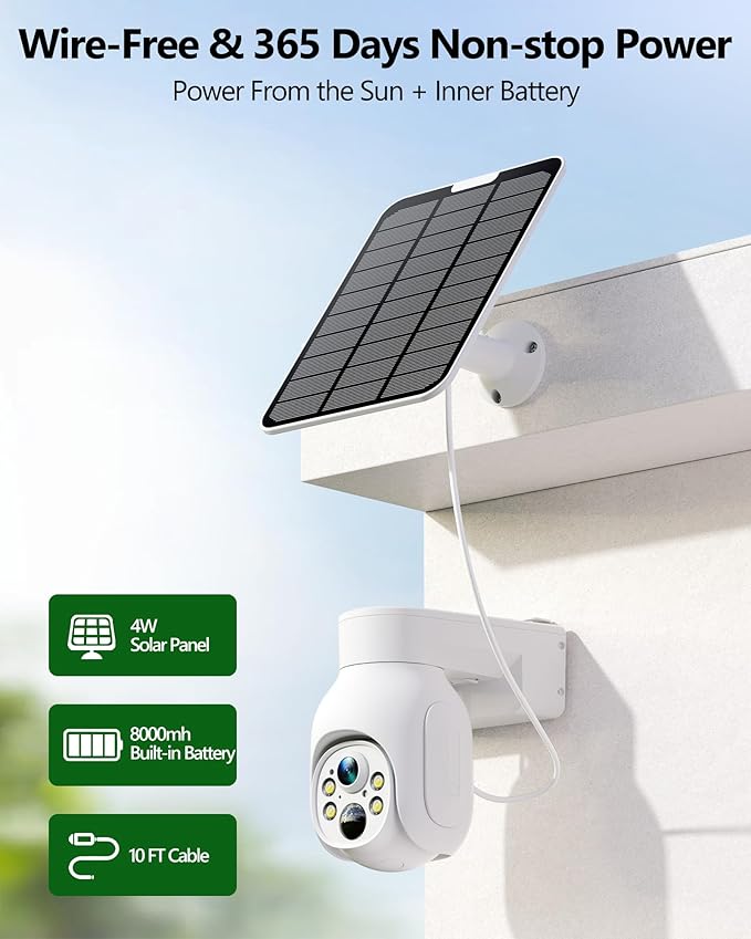 Solar Security Cameras Wireless Outdoor, 2K 360° View Solar Powered WiFi 4MP Security Camera for Home Security with Color Night Vision, PIR Detection, 2-Way Audio, Motion Alert, Easier to use