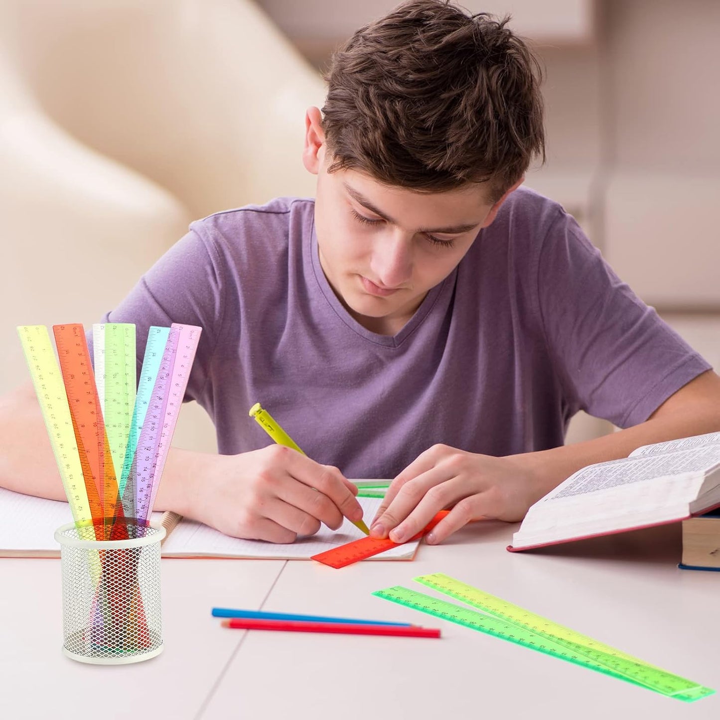 Fumete 144 Pack 12 Inch Plastic Rulers Bulk for Classroom Operation Christmas Supplies Flexible Transparent Assorted Color Ruler with Centimeters and Inches for Office Teacher Student