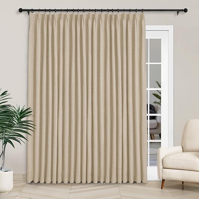 Macochico 100”Wx96”L Pinch Pleated 100% Blackout Linen Curtains Thermal Sliding Curtains for Bedroom Living Room Sliding Glass Door Farmhouse Shabby Chic Sand Beige Drapery with Tieback 1 Panel