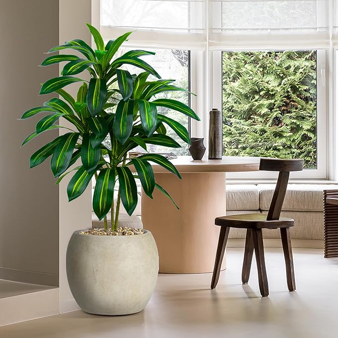 Artificial Dracaena Tree Artificial Silk Tree Faux Tree with White Tall Planter Fake Tropical Yucca Floor Plant (1, White Planter, 4 FT)