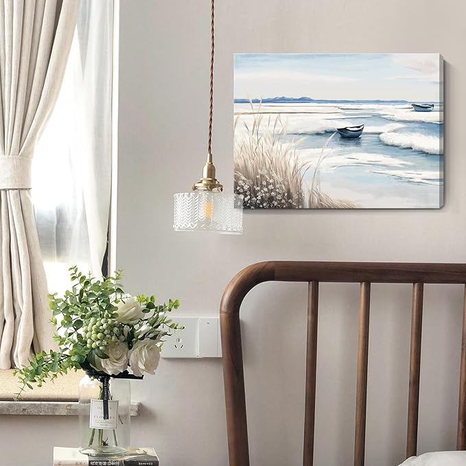 amatop Coastal Wall Art - Nautical Ocean Canvas Print with Light Blue & White Seascape, Boat, Reeds - Beach Picture for Modern Farmhouse, Lake House, Bedroom, Bathroom, Beach-Themed Artwork，16x12
