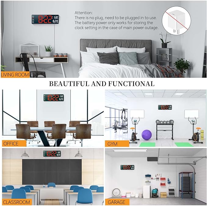 Digital Clock, Digital Wall Clock for Living Room Decor, Desk Alarm Clock for Bedroom, Large Wall Clock with Remote Control, Automatic Brightness Dimmer LED Clock with Date Temperature Week (Red-W)