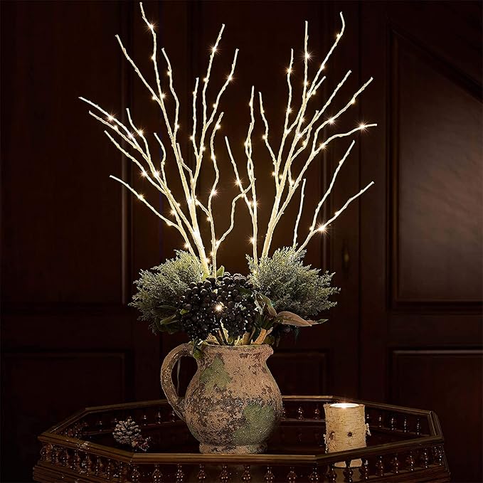 Birchlitland Lighted Birch Branches 32IN 100 LED with Timer Battery Operated, Artificial Tree Branch with Warm,Willow Branch Lights for Home Bedroom Fireplace Christmas Holiday Decoration