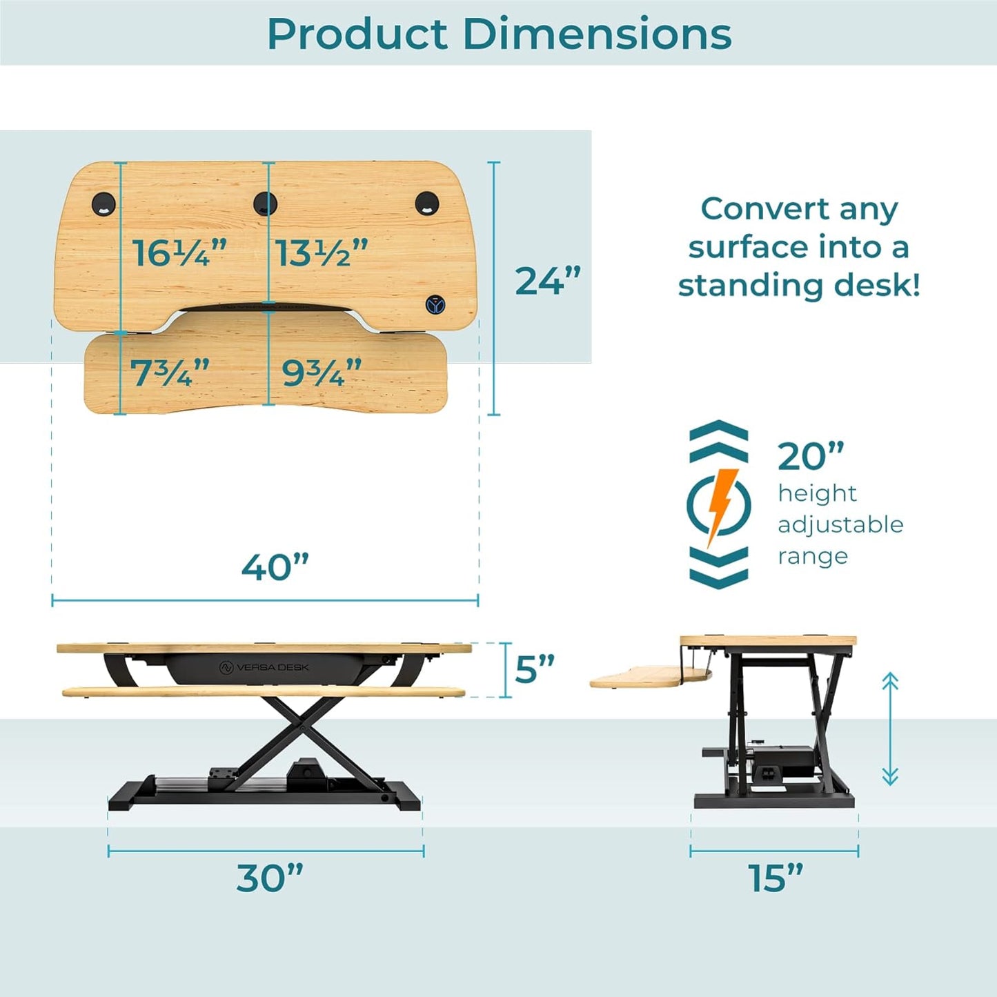 VRSADESK PowerPro™ Electric Standing Desk Converter - Height Adjustable Desk Riser with Keyboard Tray & USB Hub - Holds 80 lbs - Ergonomic Sit Stand Workstation for Home & Office | Maple (40” x 24”)