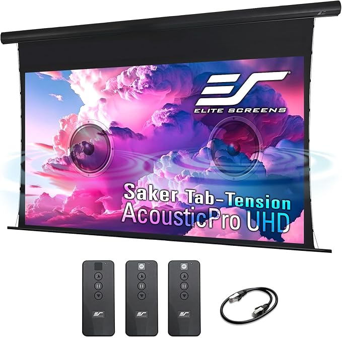 Elite Screens Saker Tab-Tension AcousticPro UHD Series, 120" Diagonal 16:9, 4K/8K Ultra HD Electric Sound Transparent Perforated Weave Drop Down Front Projector Screen, SKT120UH2-E20-AUHD