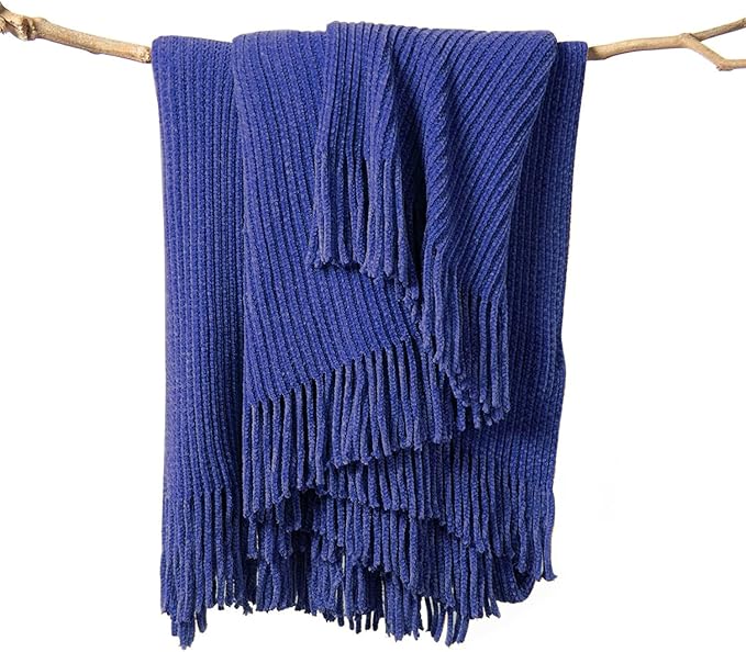 lifein Throw Blanket for Couch, Soft Boho Decor Bed Throw,Cozy Blue Chenille Knitted Small Farmhouse Lightweight Throw for Spring(Blue,50 * 60")