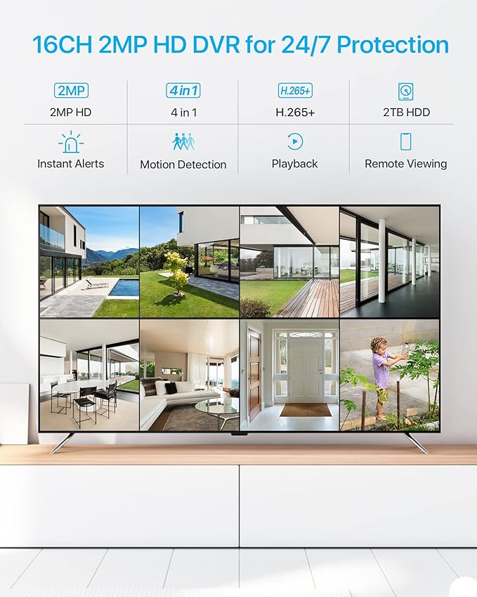 ZOSI H.265+ 1080p 16 Channel Security Camera System with AI Human Vehicle Detect, 16 x 2MP Weatherproof Surveillance CCTV Bullet Dome Camera Outdoor Indoor, 80ft Night Vision, Remote Access, 2TB HDD