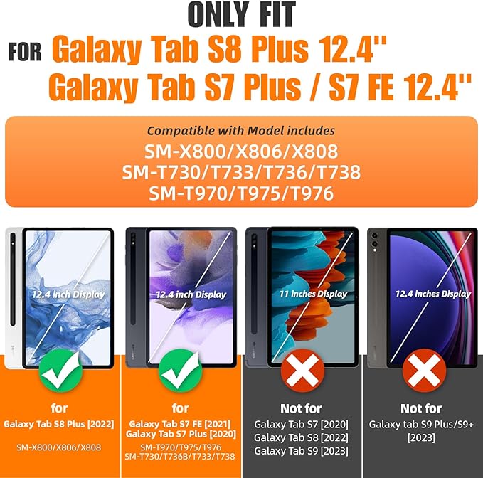 SEYMAC stock Case for Samsung Galaxy Tab S7 FE / S8 Plus 5G Case 12.4'' with Screen Protector Pencil Holder [360 Rotating Hand Strap] &Stand, Drop-Proof, Rose/Black
