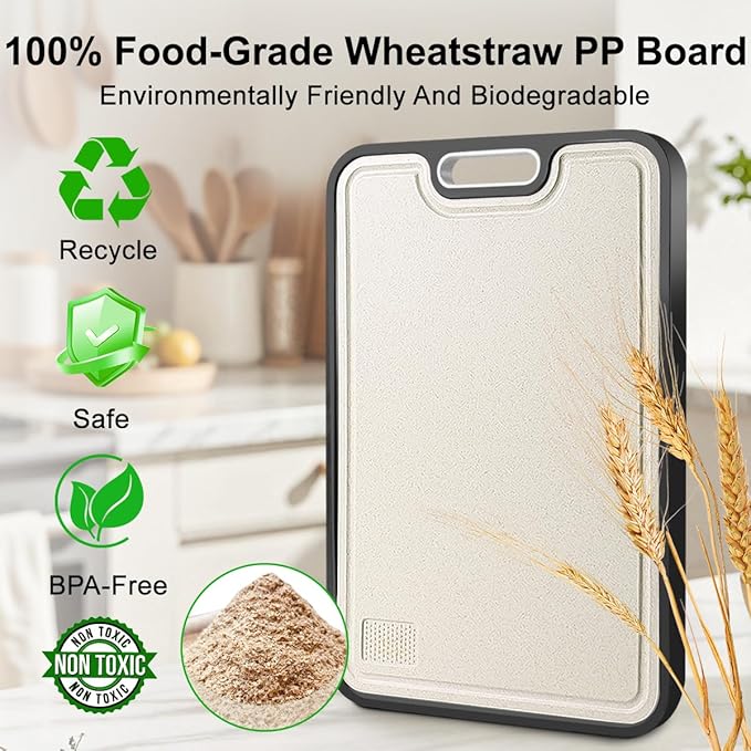 Mushu Titanium Cutting Boards for Kitchen,Upgrated Double Sided Food-Grade 100% Pure Titanium w/Wheat Straw PP Chopping Board for Meat Vegetable Fruit,Easy to Clean,Kitchen Gifts Large Size