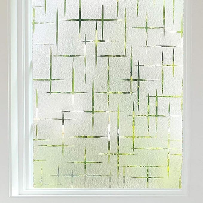 Finnez Frosted Window Film Non-Adhesive, Frosting Privacy Film for Glass Windows, Self Static-Cling Decorative Window Cling for Home Office UV Protection Cross Pattern 45.2 x 157.4 inches