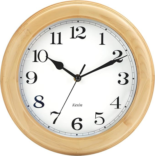 Kesin Wooden Analog Wall Clock, 11 inches Round Wall Clocks Battery Operated Silent Non-Ticking, Large Roman Numerals, Traditional Design for Kitchen Living Room Classroom Gym, Natural Grain