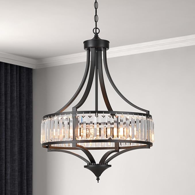 Modern Black Crystal Chandelier, 20 Inch Large Ceiling Pendant Light Fixture with 50'' Adjustable Hanging Chain, 5-Light Farmhouse Chandelier for Dining Room, Living Room, Bedroom, Entryway