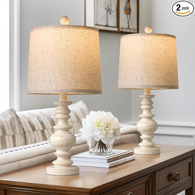 BOBOMOMO Tradition 20.5" Rustic Table Lamp Set of 2 for Living Room Farmhouse Bedside Desk Lamps Bedroom Nightstand Vintage Lamps Linen Washed（Suitable for Decorating Small Areas）