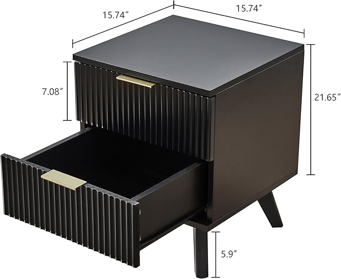 Fluted Nightstand, Mid Century Modern 2 Drawer Bedside Table for Bedroom, Small Dresser Night Stand Side Table End Tables with Wood Drawer Storage for Bedroom Closet(Black)