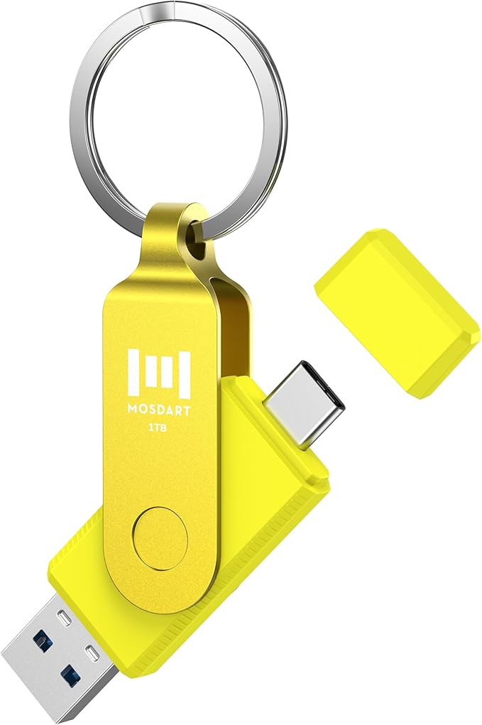 MOSDART 1TB USB3.1 Fast Speed C and A Dual Flash Drive, exFAT Memory Stick with Keychain and LED Indicator, for iPhone 15,16, 17, Android Phone, iPad, MacBook, and Other Laptops,Yellow