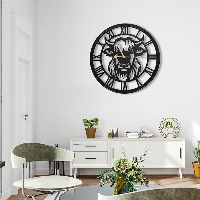 24Inch Large Wall Clocks Battery Operated,Farmhouse Black Metal Non-Ticking Wall Clock,Wall Clocks for Living Room Decor,Bedroom,Kitchen(Highland Bull Wall Clock, 24 Inch)