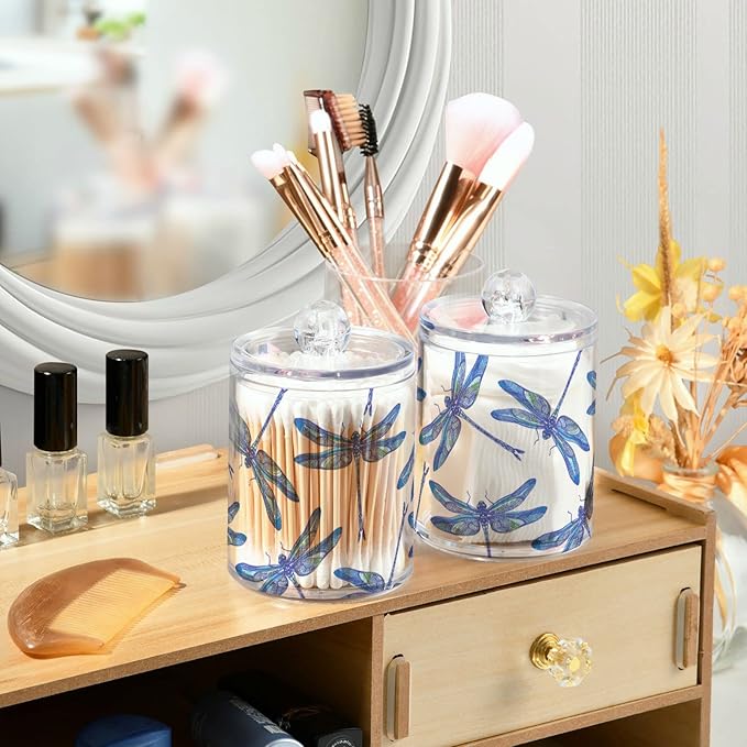 2 Pack Qtip Holder Organizer Dispenser Dragonflies Bathroom Storage Canister Cotton Ball Holder Container for Cotton Swabs/Pads/Floss