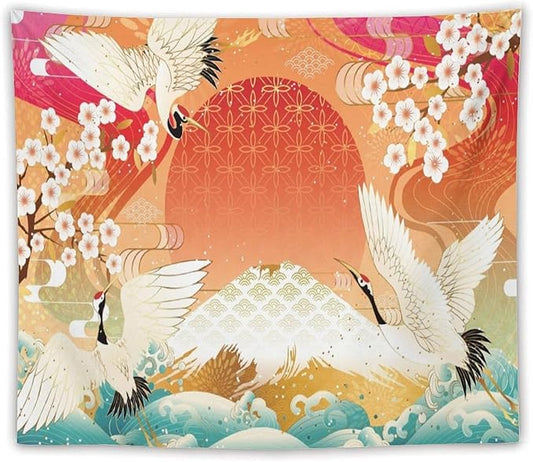 HZOHNAGO Japanese Tapestry Cherry Blossom Crane Sea Wave Fuji Mountain Red Sun Pattern Printed Wall Tapestry Painting Wall Hanging for Bedroom Living Room Dorm 60" W x 50" H