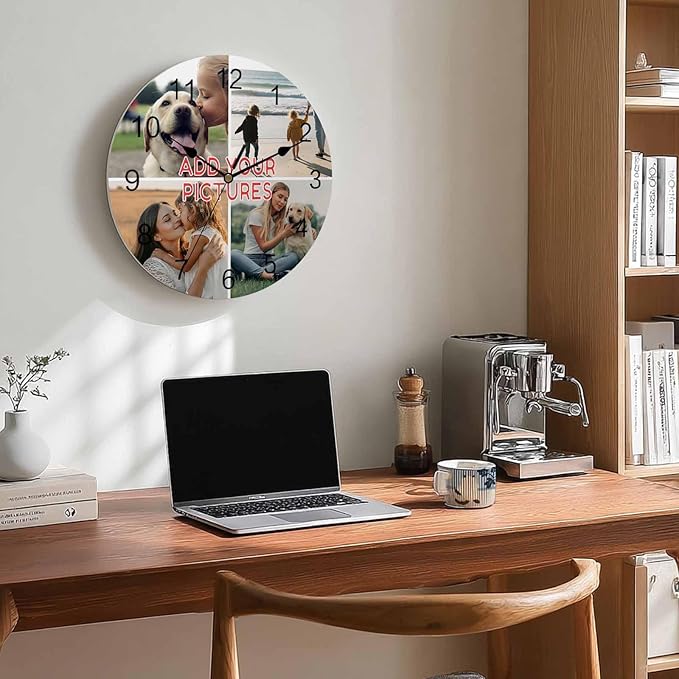 Custom 4 Picture Wall Clock, Personalized Round Clock add Your Photo for Kitchen Bedroom Living Room, Customized Christmas Valentine's Day Gift for Couples, Wife, Husband (10", 12", 14")