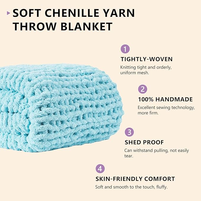 L'AGRATY Chunky Knit Blanket Throw - Soft Chenille Yarn Throw Blanket 40x50： Handmade Thick Cable Knit Crochet Blanke - Large Knit Blanket Chunky Rope Knot Throw Blanket for Couch Sofa Bed Home Decor