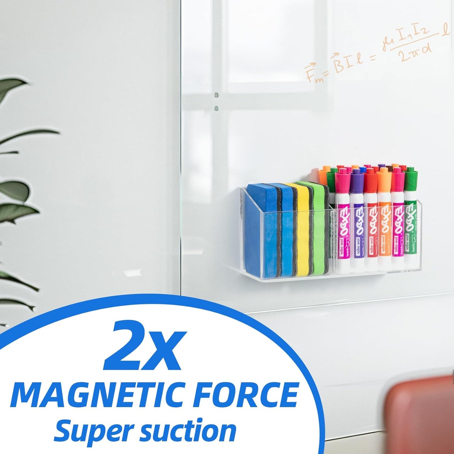 Simetufy Large Magnetic Dry Erase Marker Holder, Magnetic Pen Holder, Whiteboard Marker Holder with Movable Divider for Glass, Fridge & Locker, Non-slip Acrylic Magnetic Marker Holder
