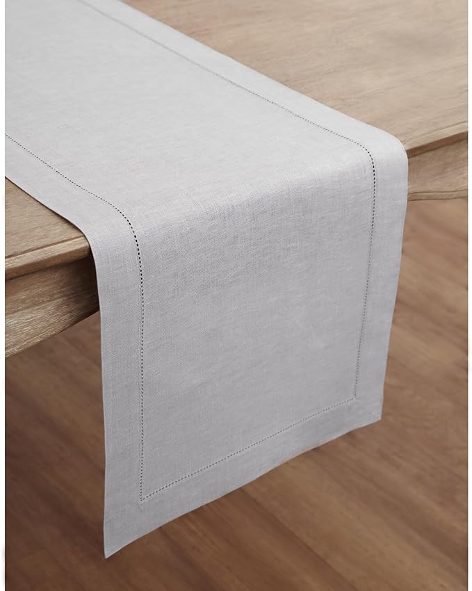 Solino Home Linen Soft Grey Table Runner 90 Inches Long - 100% Pure Linen Hemstitch 14 x 90 Inch Table Runner for Dining, Fall, Autumn, Thanksgiving - Classic Hemstitch