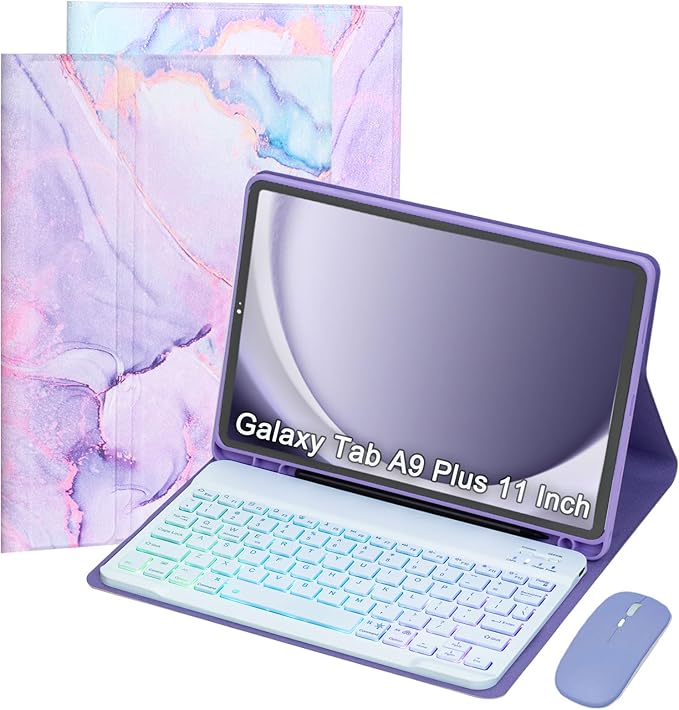 Keyboard Case for Samsung Galaxy Tab A9+/A9 Plus 11 Inch 2023 (SM-X210/X216/X218), Detachable Color Backlit Bluetooth Keyboard and Mouse, Lightweight Stand Cover with Pen Holder (Purple Marble)